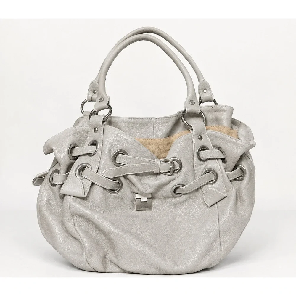 Jimmy Choo Gray Leather Top Handle Bag Gold Hardware Grommet Satchel Handbag